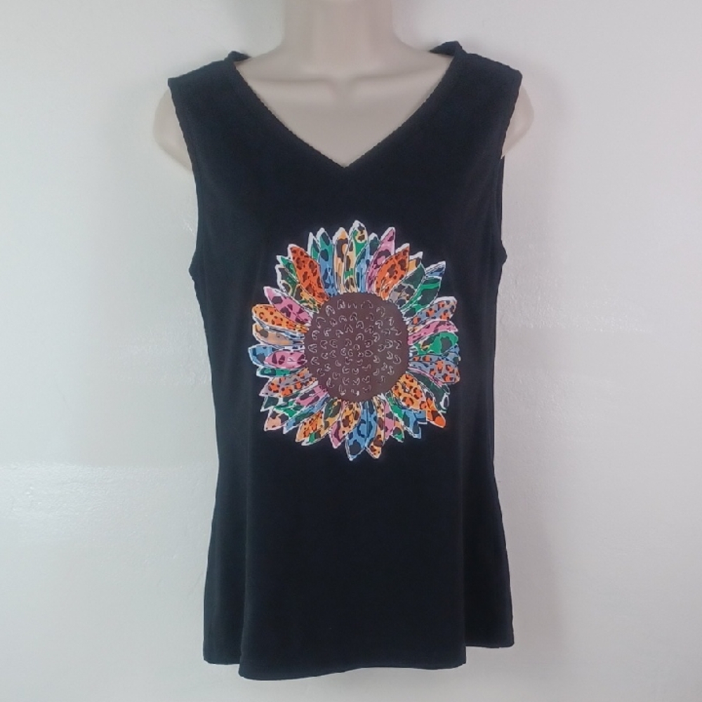 Black Tank Top W/Crazy Cool Multi-Color Cheetah Graphic Floral Design